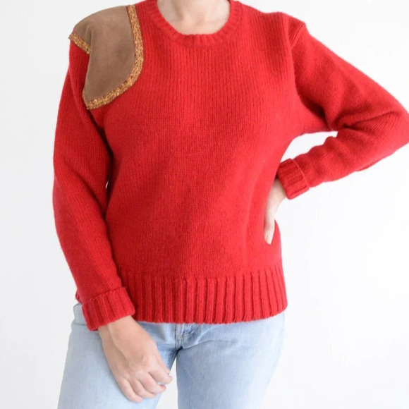 Vintage Charter Club  Red 100% Wool w/ Suede Patch Knit Crewneck Sweater L - Picture 2 of 12